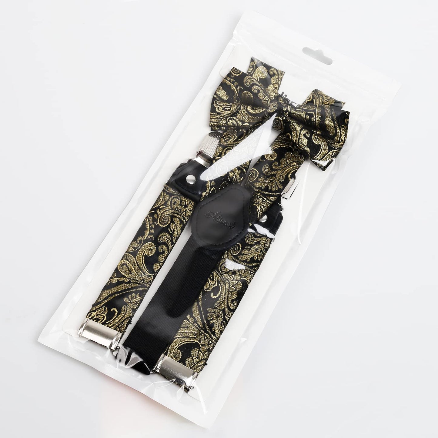 Alizeal Boys Adjustable Floral Paisley Pre-tied Bow Tie and Elastic Y Shape 3 Clips Suspenders Set, Black Gold
