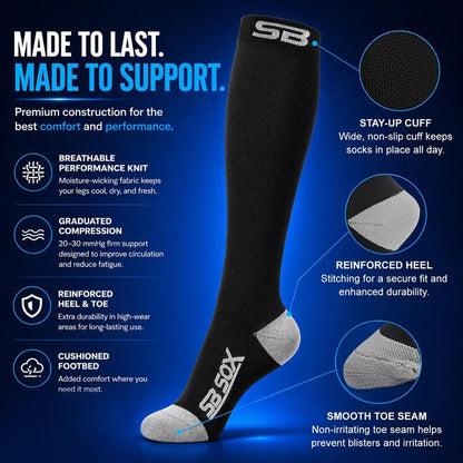 SB SOX Compression Socks for Men & Women (20-30mmHg) – Best Compression Socks for Flying, Medical, Sports, Wide Calf Fit, and Daily Wear (Black/Gray, Large)