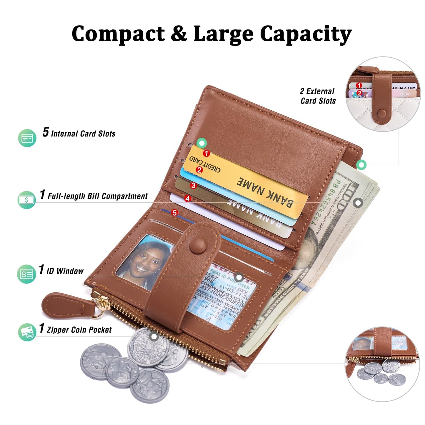 GAEKEAO Small Wallet for Women Bifold Leather RFID Blocking Credit Card Holder Wallets Zipper Pocket Coin Purse with ID Window