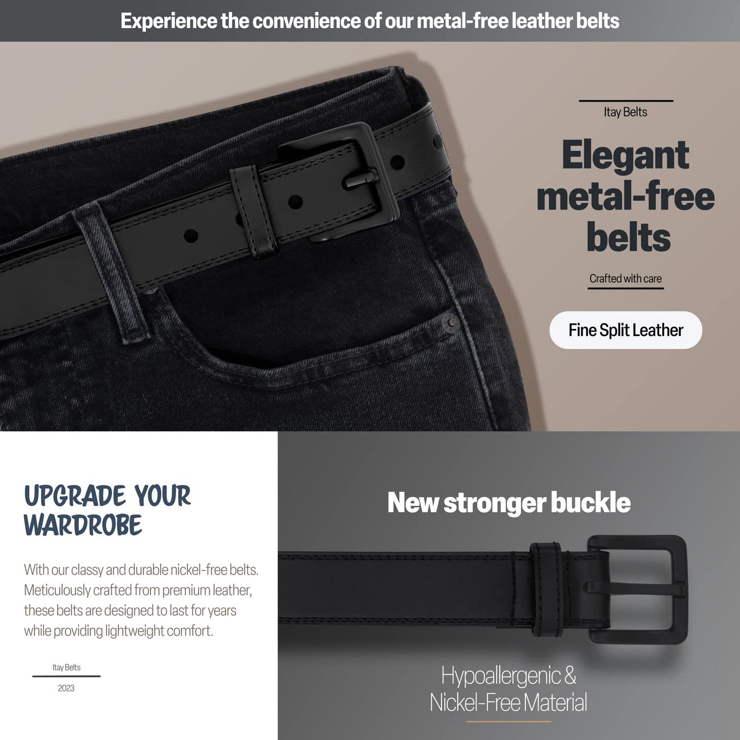 ITAY Metal Free Hypoallergenic Leather TSA Belt Strap, Adjustable Nickel Free Mens Belt, Non Metal Belts for Men, Strudy Airport Friendly TSA Belts for Men