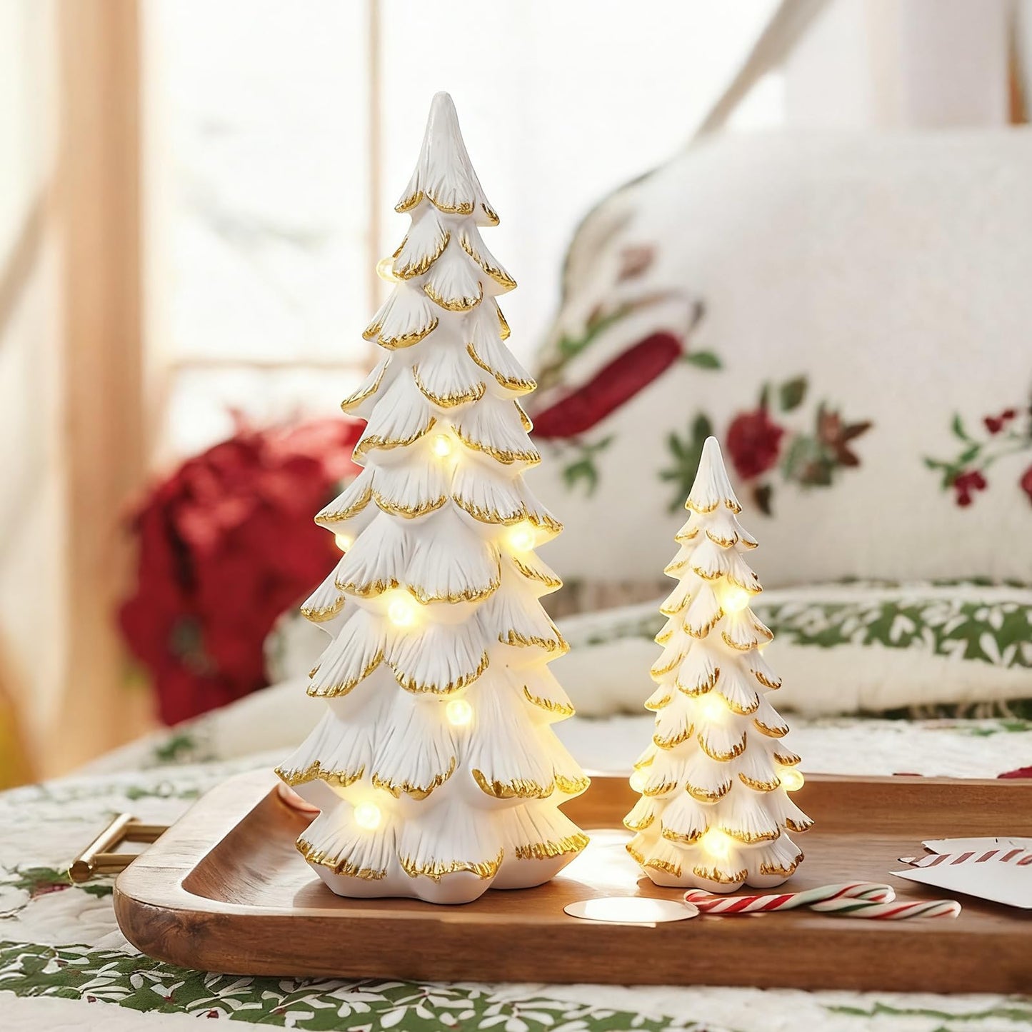 WDS WONDROUS Christmas Tree Figurine Light Up Green, 2Pcs Christmas Trees with Lights, Xmas Tree Figurines for Tabletop Mantel Shelf Fireplace Holiday Decorations for Home and Gift