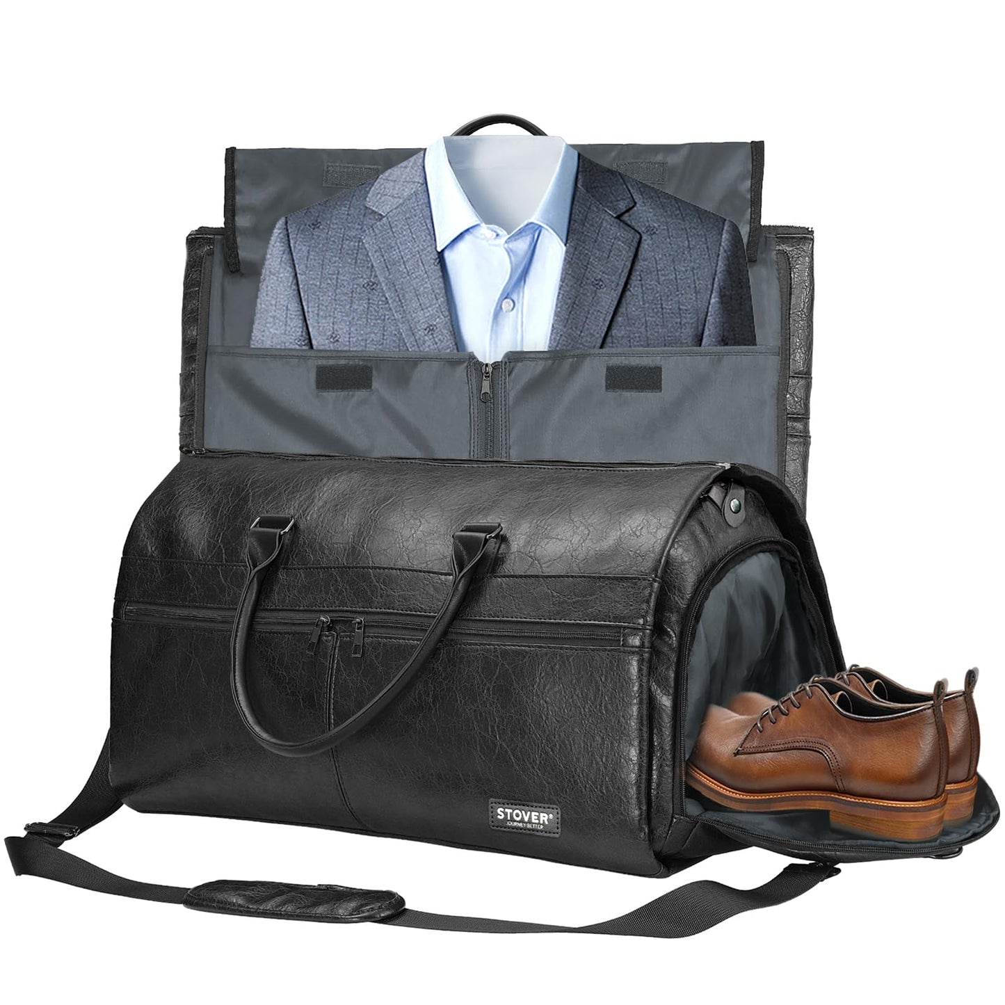 STOVER Garment Travel Duffle Bag, Large 2-in-1 Convertible Carry-on Luggage for Men & Women- Hanging Suits, Dresses & Clothes + Shoe Compartment- Weekender Tote Combo Duffel (Black Leatherette)