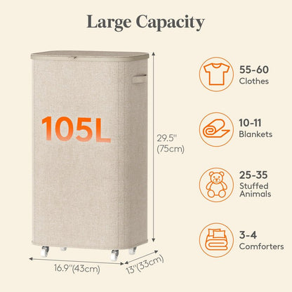 Lifewit 105L Plastic Laundry Basket with Lid, Large Clothes Hamper with Wheels and Removable Bag, Tall Collapsible Rolling Storage Bin for Dorm Bedroom Bathroom, Beige