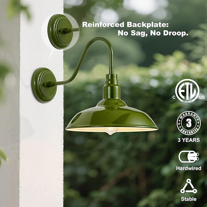 2 Pack Outdoor Gooseneck Barn Light with 14 Inch Dome, Farmhouse Exterior Wall Lights for Porch, Olive Green Patio Wall Lighting for House, Garage