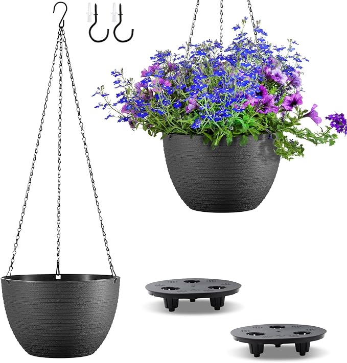Set of 2 10 Inch Self Watering Hanging Planters for Indoor Outdoor Plants, Light Textured Hanging Baskets Flower Pots with Drainage Hole & Plug and 20" Chain Hanger