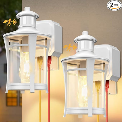 Porch Lights with Outlet,2 Pack Outdoor Motion Sensor Lights,Dusk to Dawn Exterior Light Fixture,White Anti-Rust Waterproof Outdoor Wall Light,Aluminum Outside Lights for House Patio Front Door Garage