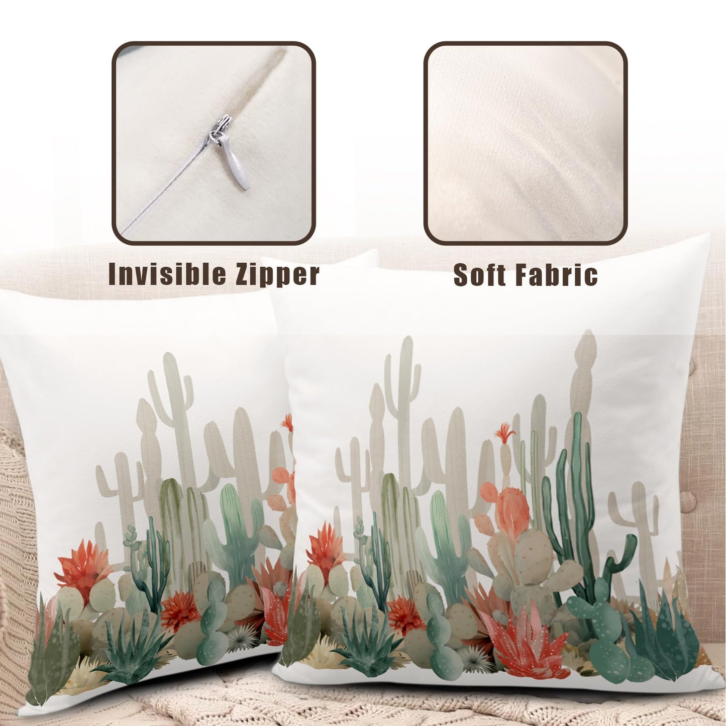Wnoesat Cactus 16x16 Pillow Covers Set of 2 Tropical Plants Desert Green Succulent Cactus Red Flowers Pillow Case Farmhouse Spring Summer Outdoor Pillowcase for Bed Couch Sofa Living Room Decor