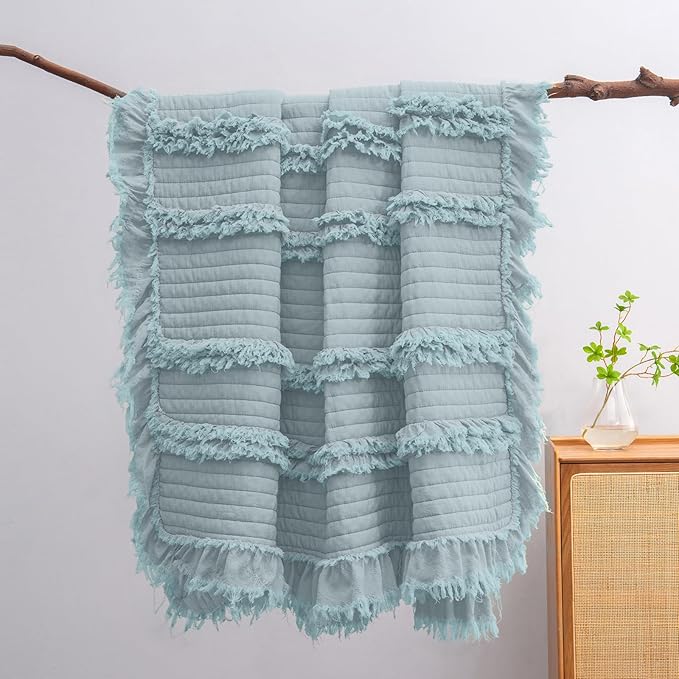 Ultra Soft Pre-Washed Quilted Boho Blue Green Twin Size Blankets for Bed, Ruffle Fringed Decorative Throw, Stone Washed Chic Rustic Blanket for Sofa Couch Bed, 60"*80"