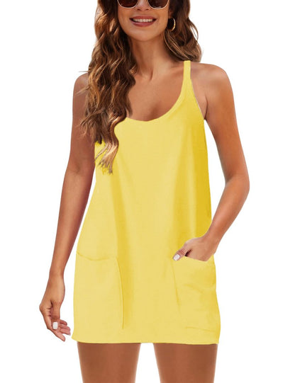 Lentta Womens Athletic Sleeveless Mini Dress with Built-in Shorts V Neck Spaghetti Strap Sundress(LightYellow-S)