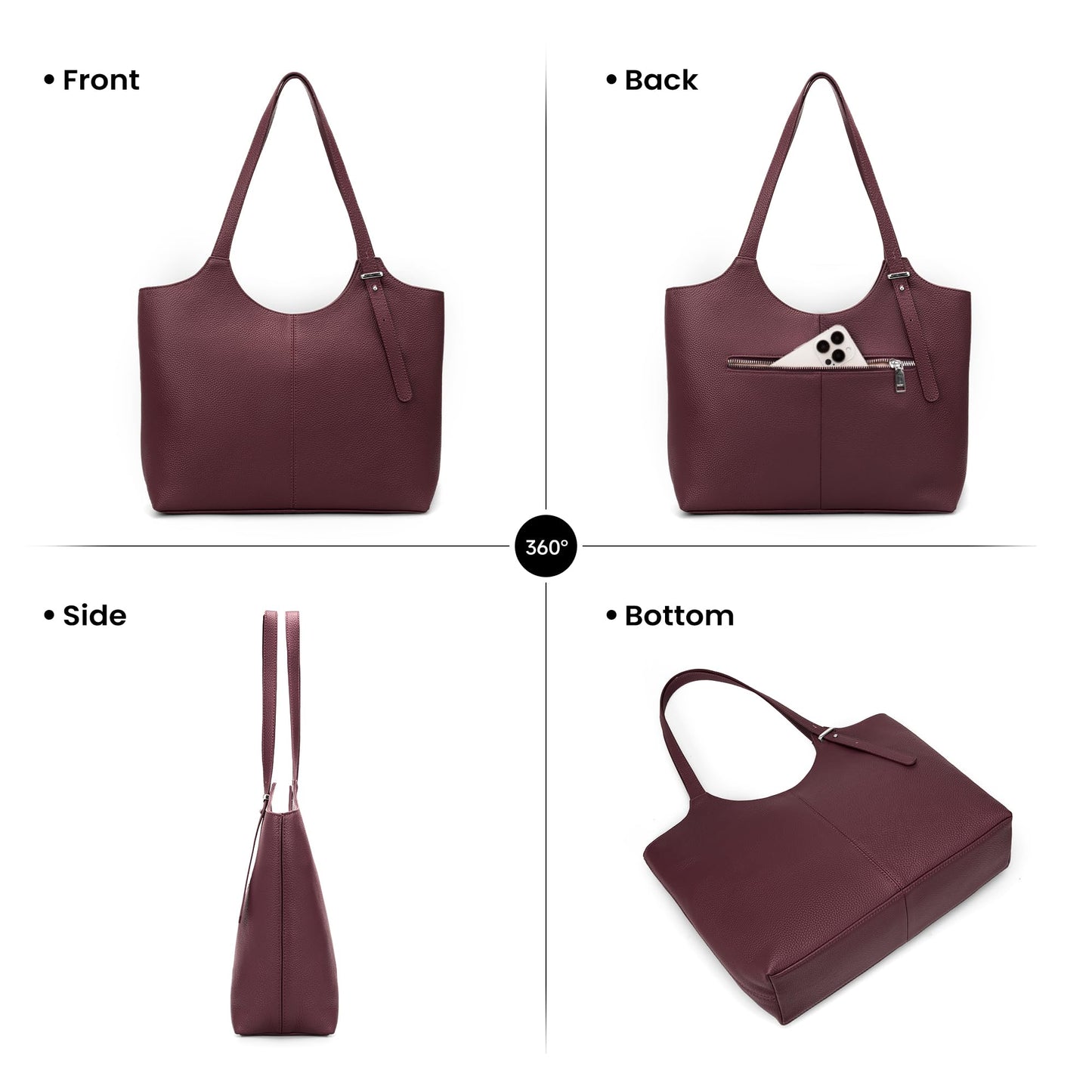 befen Genuine Leather Tote Bags for Women Work, Real Burgundy Leather Shoulder Handbags Zippered Satchel Purses with Adjustable Strap for Casual Shopping Travel, Burgundy