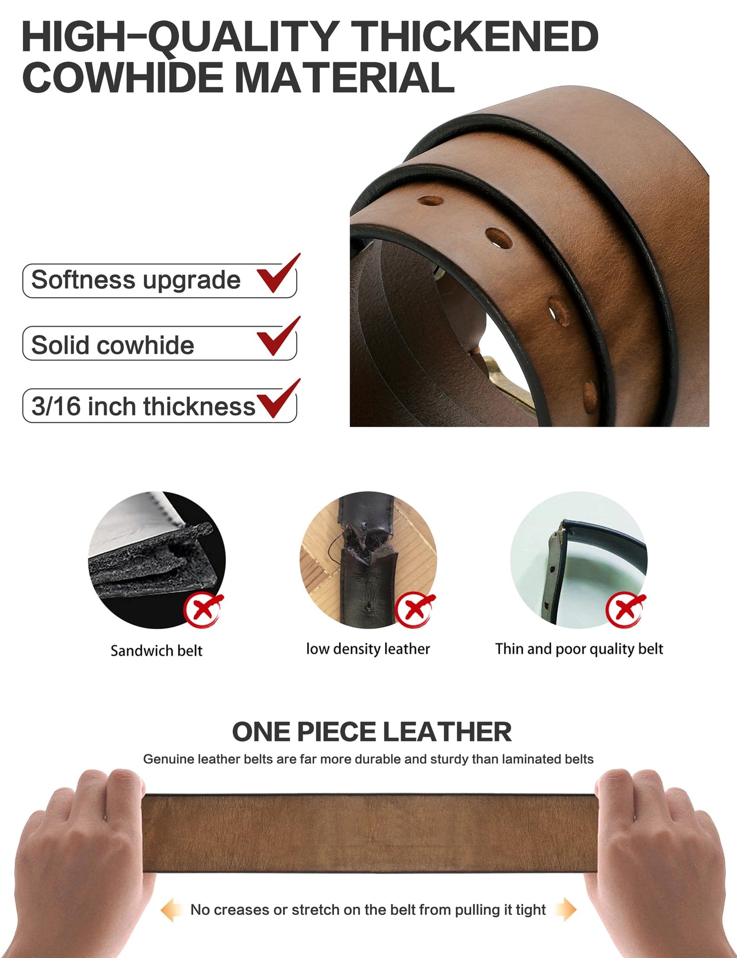 wolksprong Thicken Full Grain Leather Mens Belt Heavy Duty Work Belt High Hardness Buckle Packed In Gift Box (Brown, 36(Fit Pants Size 34))