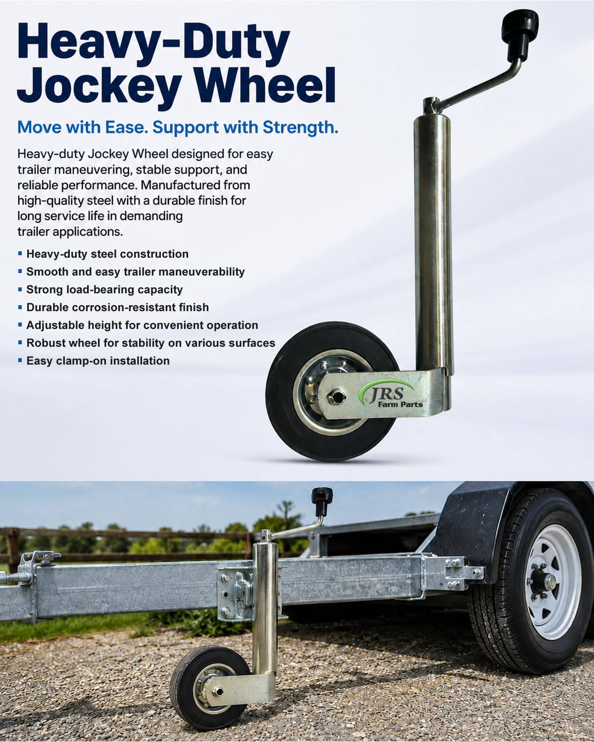 JRS Farm Parts 900 lb Single Wheel Trailer Jack, 17.5" Adjustable Lift Travel | Heavy Duty Bolt-On Tongue Jack for Boat, RV, Camper & Utility Trailers