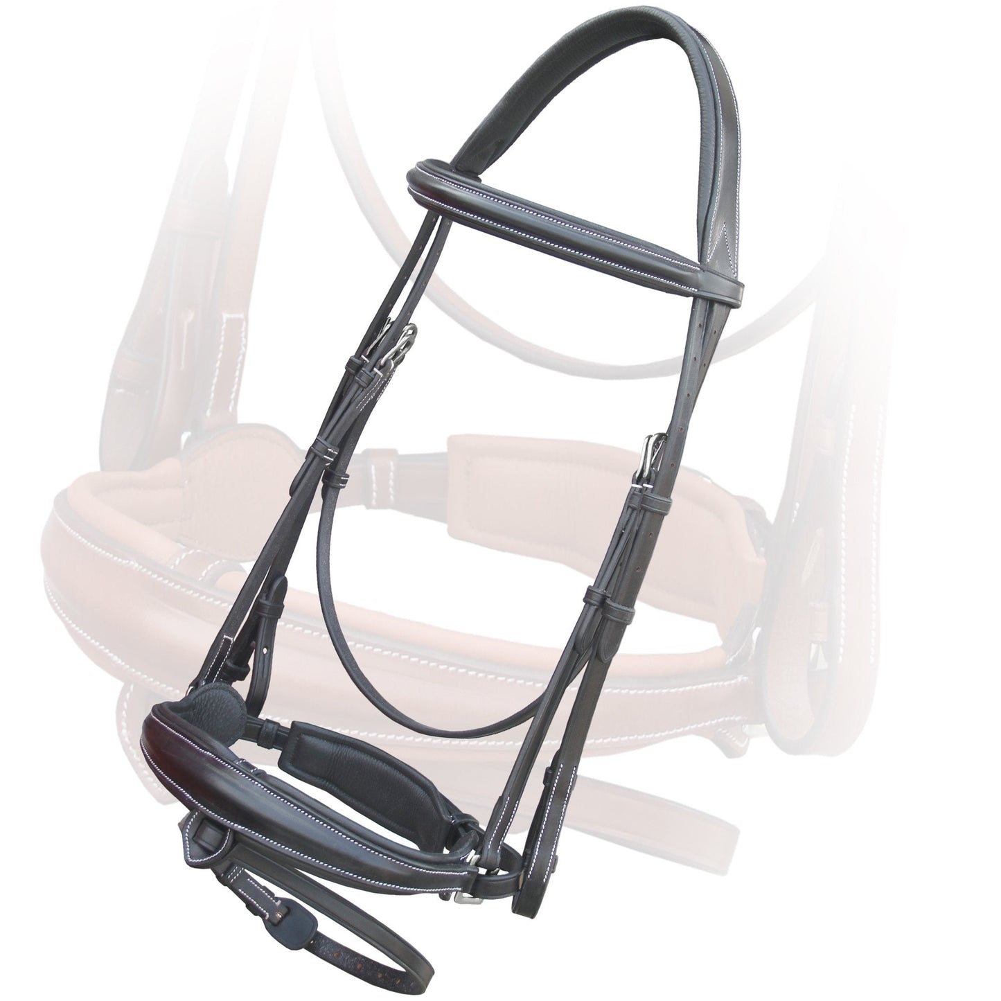 Exion Dressage Bridle with Mono Crown & Detachable Flash | Anatomical Crank Noseband, Raised Padded Browband, Calfskin-Lined Leather Dressage Bridle with Web Reins for Horses
