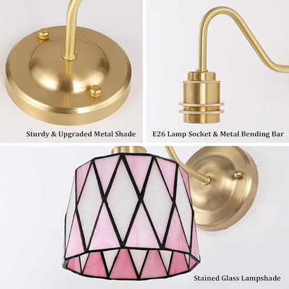 Vintage Battery Operated Wall Sconce Set of 2, 5000mAh Rechargeable Wall Lamp 12 RGB Colors Dimmable, Gold Lights Fixture for Bedroom Bathroom Living Room Hallway Pink Checker