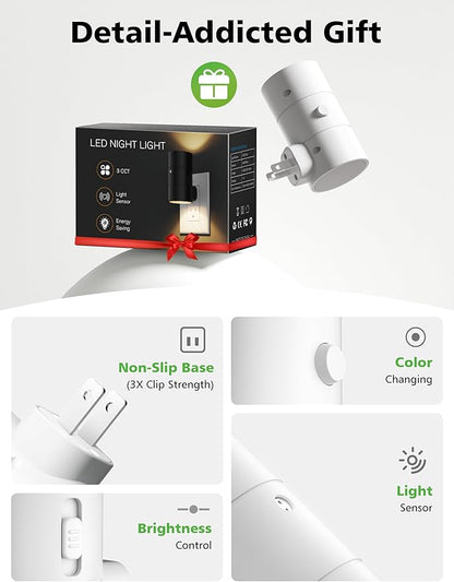 Night Lights Plug Into Wall,3 Color Temperatures LED Night Light Plug in,Dusk to Dawn Sensor,0-100LM Adjustable Brightness,Dimmable Night Lights for Hallway Bathroom Stair Bedroom,White,6 Pack