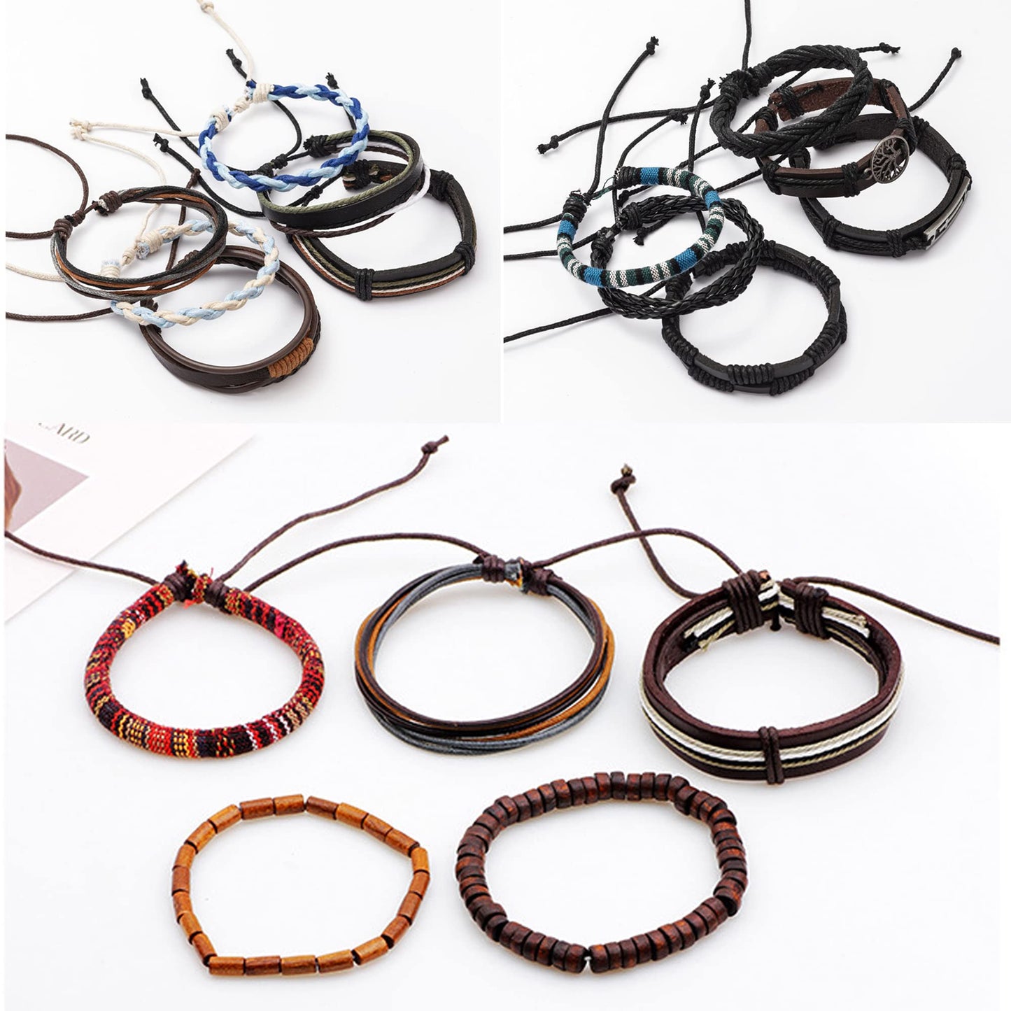 MOZAKA 36Pcs Braided Leather Bracelets for Men Women Handmade Wrap Woven Cuff Bracelets Wooden Beaded Bracelets Vintage Ethnic Tribal Wristbands Bracelet Set Adjustable