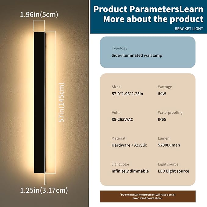 57inch Modern Outdoor Wall Sconce, LED Dimmable Wall Light 3000K-6000K with Remote Control, IP65 Waterproof, Exterior Linear Lighting Fixture for House, Patio, Garden, Yard