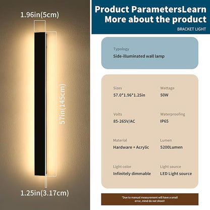 57inch Modern Outdoor Wall Sconce, LED Dimmable Wall Light 3000K-6000K with Remote Control, IP65 Waterproof, Exterior Linear Lighting Fixture for House, Patio, Garden, Yard