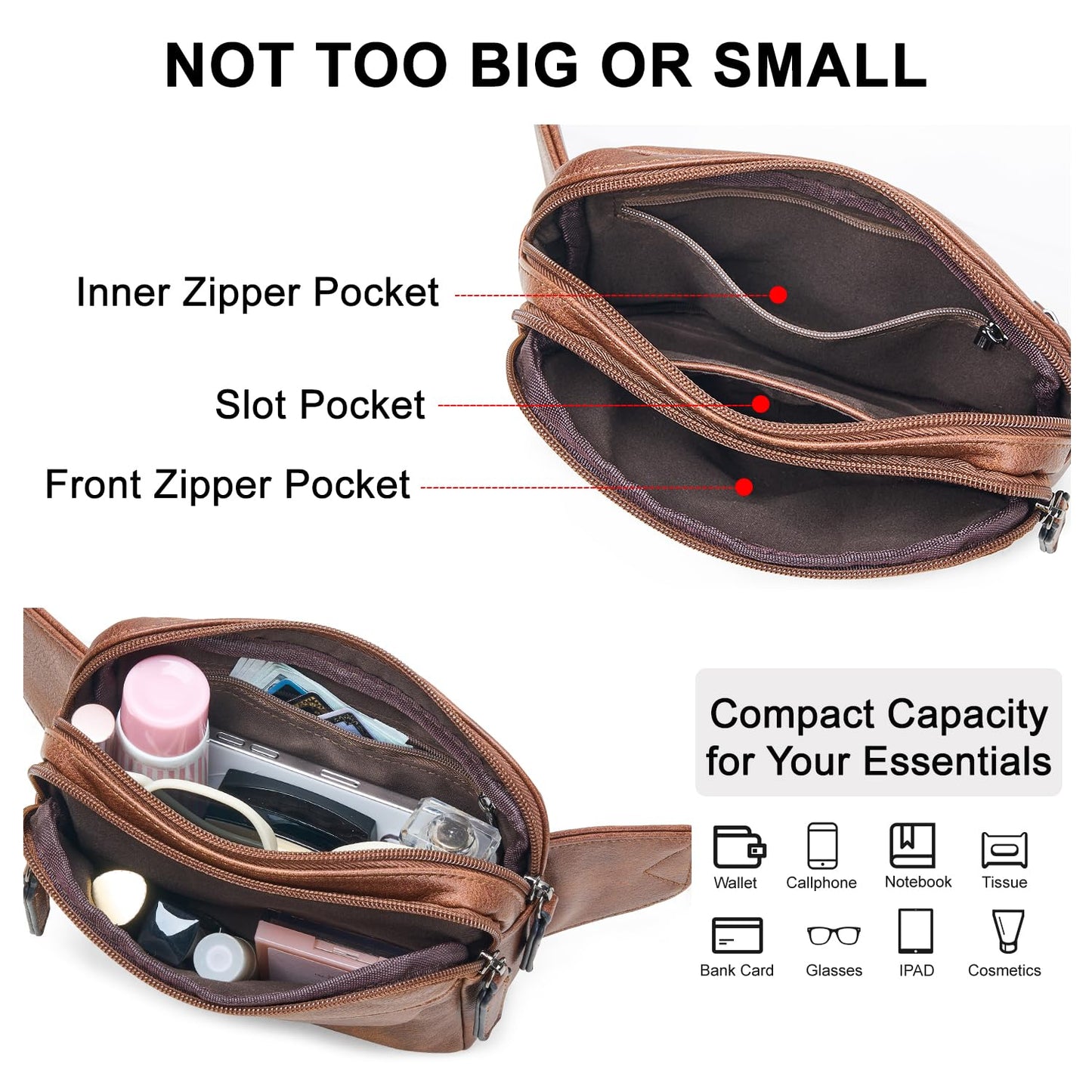 LATMAP 3L Fanny Packs for Women Cross Body Bag Vegan Leather Chest Belt Bag Fashion Waist Pack Small Bum Bag Crossbody for Travel Running Workout, Brown