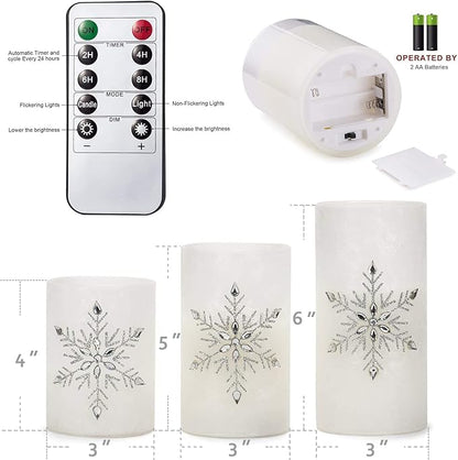 Christmas Flameless Candles, Jeweled Snowflake Iced Glass Candle, LED Flickering Pillar Candle with Timer&Remote for Xmas,Home Decor,Holiday,Set of 3 (D 3” X H 4” 5” 6”)