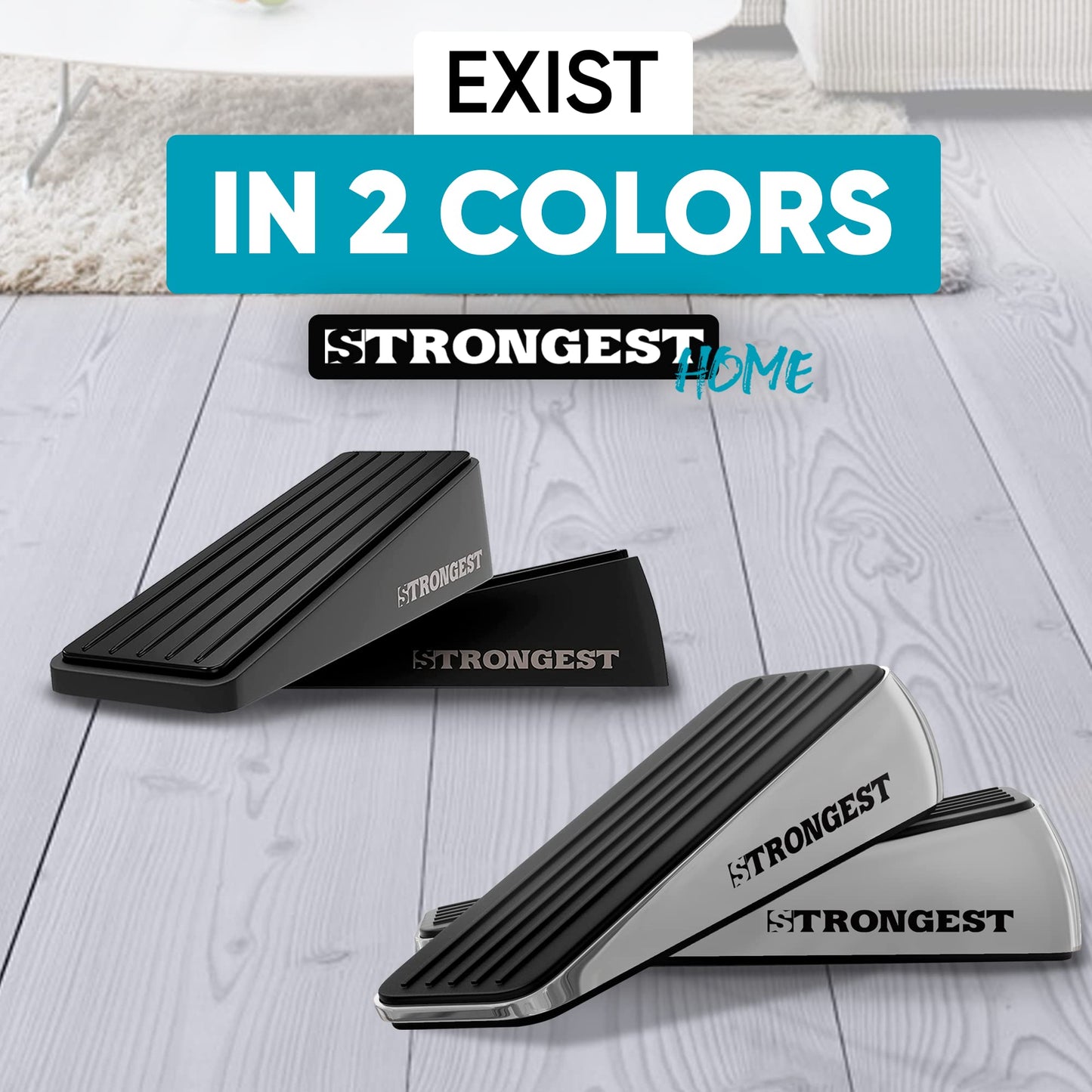 Strongest Home Heavy Duty Door Stopper Wedge (2 Chrome PCs) | Non-Slip Rubber and Metal Door Stop for Heavy Doors| Work on Wood, Tile, Carpet + 2 White Wall Protectors