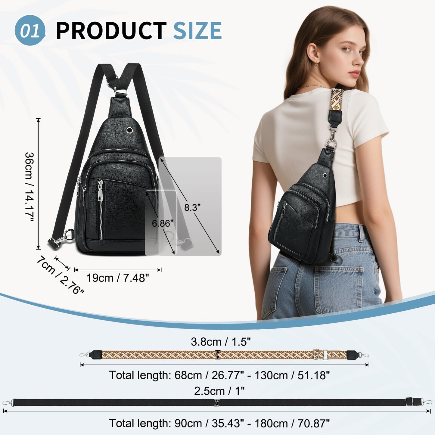 SUIKIHUM Anti Theft Sling Bag, 2 in 1 PU Leather 8.3" Convertible Crossbody Bags, Fanny Pack Backpack with 2 Removable Straps for Hiking Cycling Sport (Black)