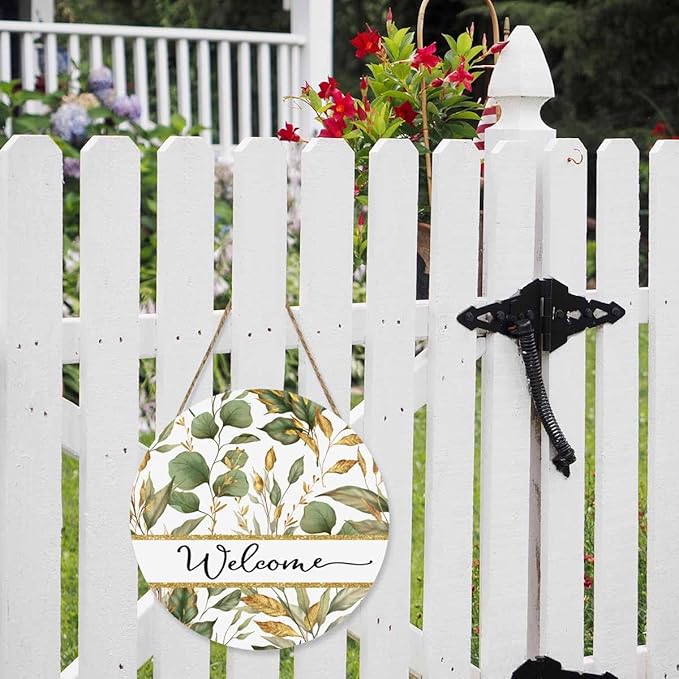 Welcome Sign for Front Door Decor Wreath Tropical Flowers Plants 12 Inch Farmhouse Wood Wall Hanging Outdoor Home Porch Decorations