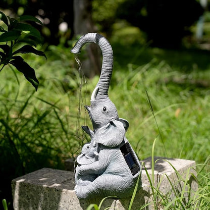 Elephant Statue with Solar Watering Lights, Outdoor Garden Decor for Patio, Yard, Lawn, Unique Gifts for Women, Mom – Resin Elephant Sculpture (Grey Two Elephants)