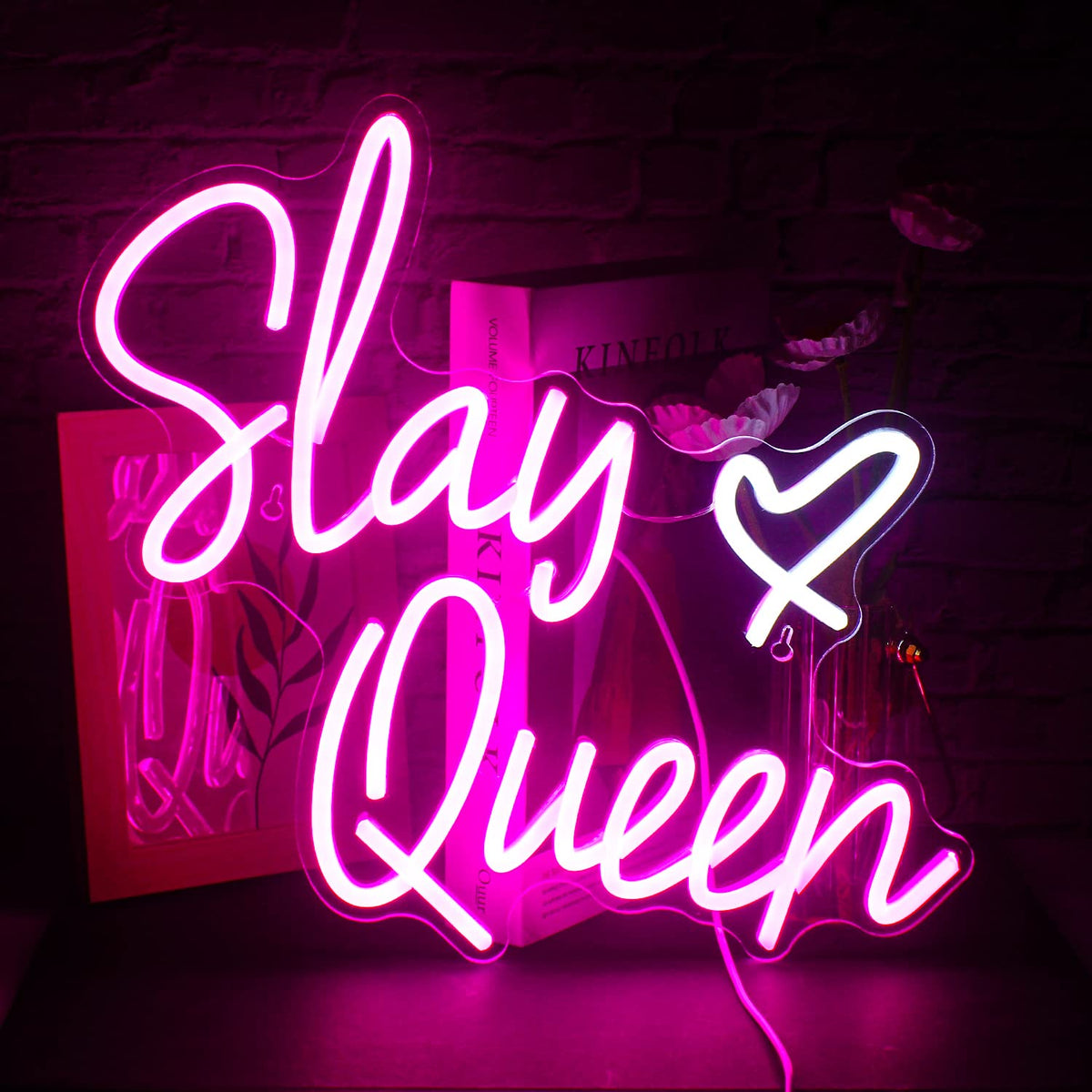 FAXFSIGN Slay Queen Neon Sign Pink White LED Neon Light Up Signs for Wall Decor Usb Neon Light for Bedroom Preppy Girl Aesthetic Room Dorm Decor Y2k Party Gifts