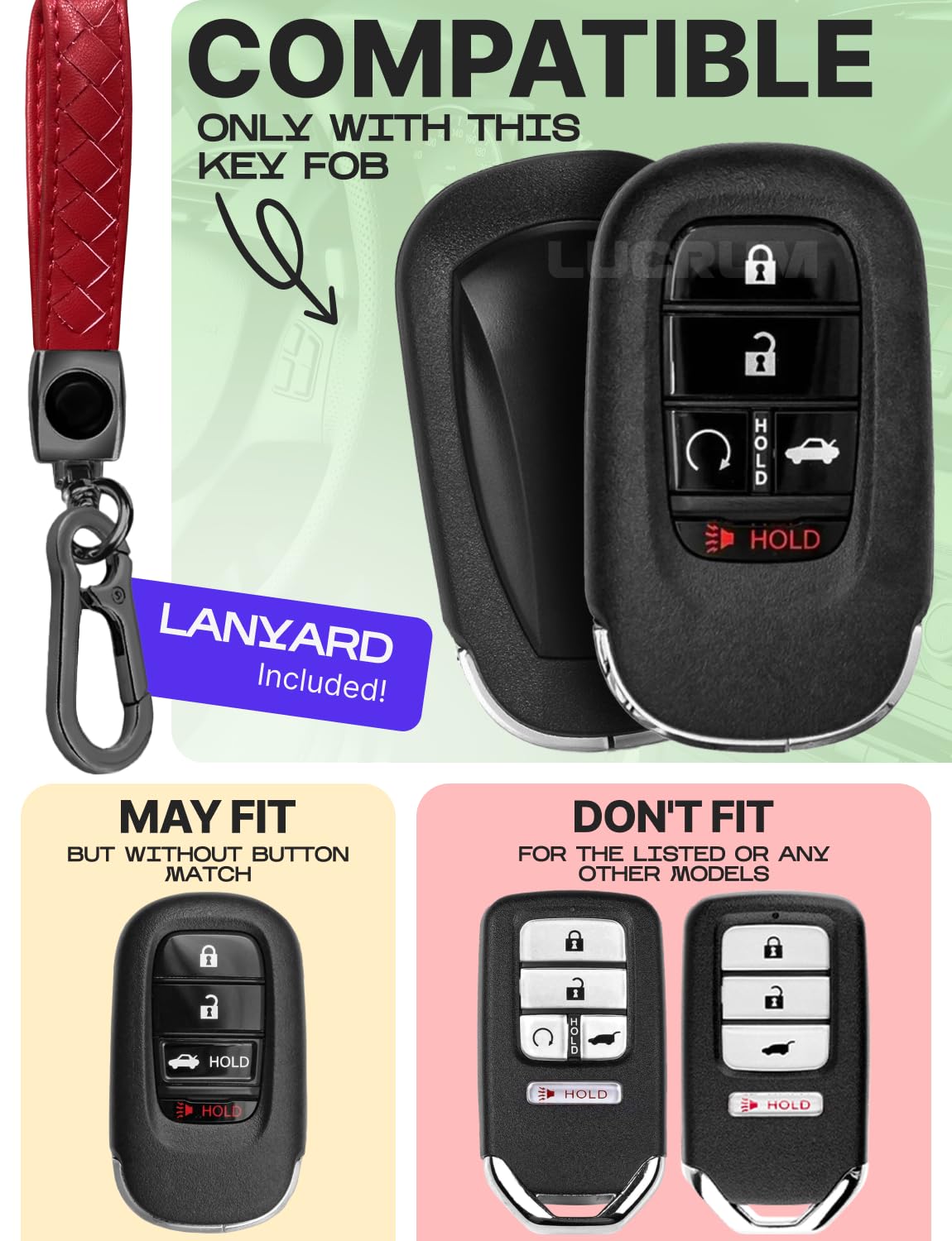 Lucrum Compatible with Honda Key Fob Cover & Leather Keychain - TPU Keyfob Case for Accord Civic CR-V HR-V Pilot Ridgeline, For 5 Button Remote (2022-2026) - Red and Black