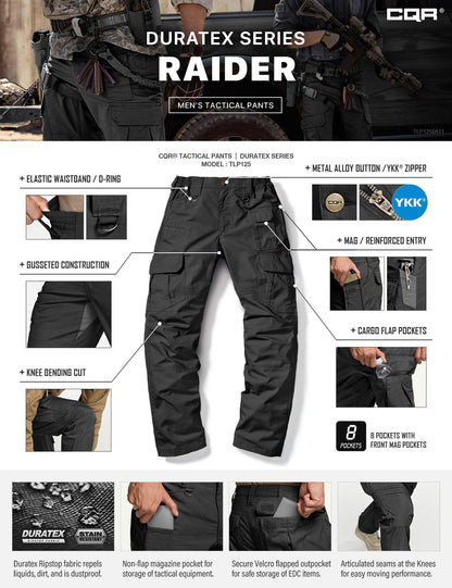 CQR Men's Tactical Pants, Water Resistant Ripstop Cargo Pants, Lightweight EDC Work Hiking Pants, Outdoor Apparel, Duratex Mag Pocket Black, 40W x 32L