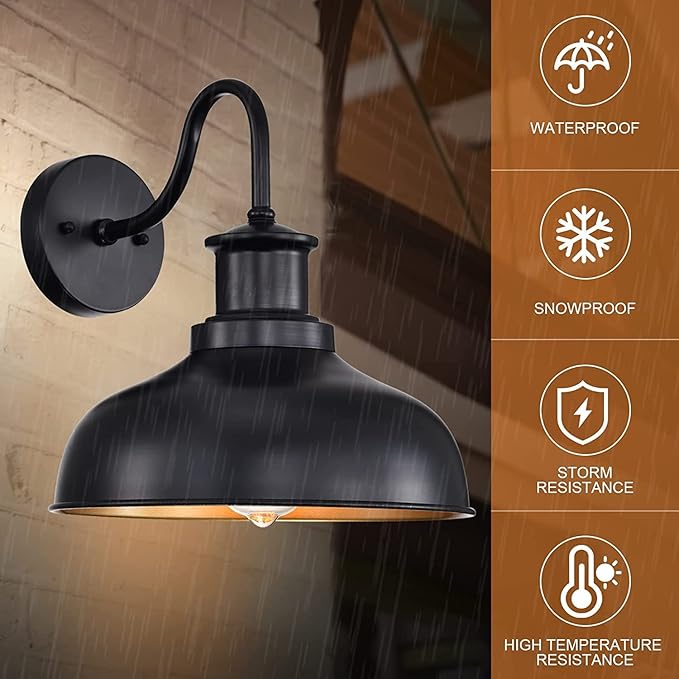 Outdoor Gooseneck Barn Lights, Farmhouse Outdoor Wall Sconces, Rustic Exterior Wall Mount Lights, Vintage Outside Lighting Fixtures, Industrial Black Gold Lanterns for Porch Garage Patio, 4 Pack