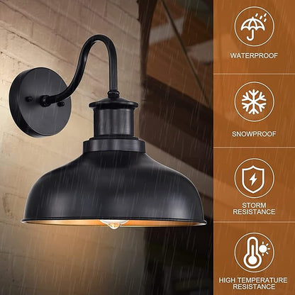 Outdoor Gooseneck Barn Lights, Farmhouse Outdoor Wall Sconces, Rustic Exterior Wall Mount Lights, Vintage Outside Lighting Fixtures, Industrial Black Gold Lanterns for Porch Garage Patio, 4 Pack