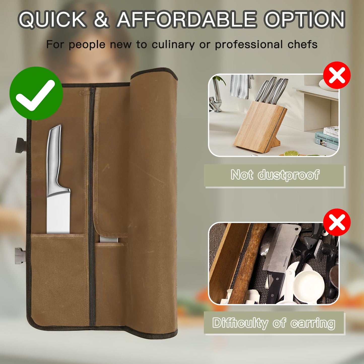 Chef Knife Roll Bag,Waterproof Waxed Canvas Knife Case Holds,Knives Roll Bags for Chefs Professional with Adjustable Strap,Chef Backpack (Brown)