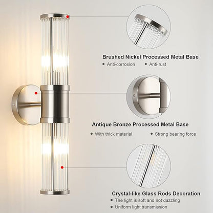 Brushed Nickel Bathroom Light Fixture, Industrial Up & Down Wall Vanity Sconce Indoor Farmhouse Glass Rods Bath Vanity Light Mirror Lighting Lamps Wall Mounted E12 Socket(Without Bulbs)