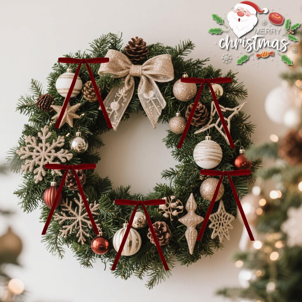 26 Pcs Velvet Christmas Tree Bows Ornaments, 5x7 Inch, 3/8" Wide, Craft Ribbon Bows for Garland Wreath Indoor Outdoor Xmas Decorations, Burgundy
