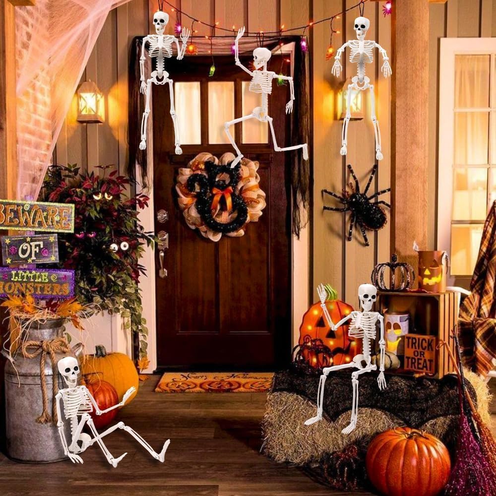 5 Pack Posable Skeleton Halloween Decorations, 16in Halloween Skeleton Decor- Full Body Movable Joints with 22 Spiders & Cobweb, Outdoor/Indoor Scary Party Graveyard Props Hanging Skeletons