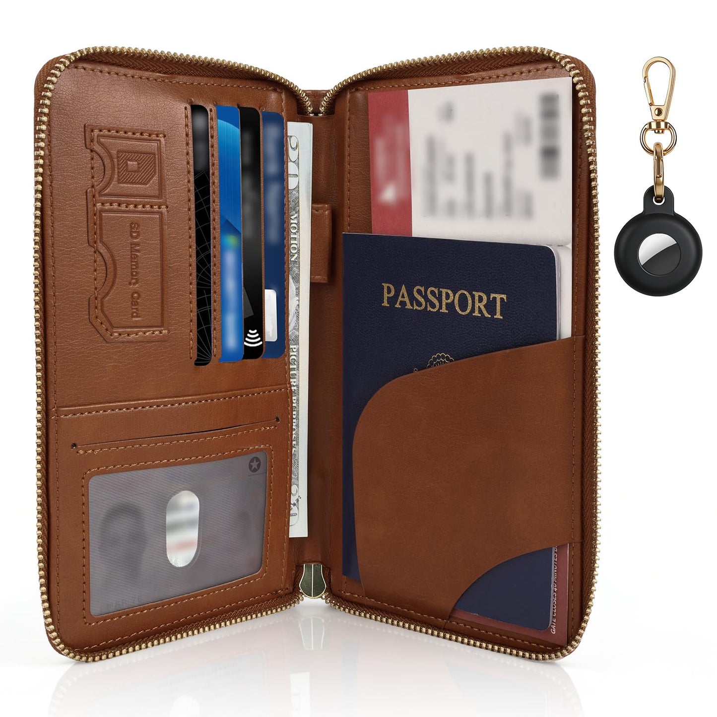 Playexen RFID Blocking Passport Wallet, Anti Theft PU Leather Passport Pouch with Tracker Case, Travel Document Organizer Zipper Wallet with Wrist Strap, Gifts for Women and Men (Brown)