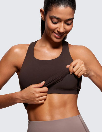 CRZ YOGA Butterluxe Workout Racerback Tank Tops for Women - Padded Athletic Spandex Yoga Shirts with Built in Bra Hot Fudge Brown X-Large
