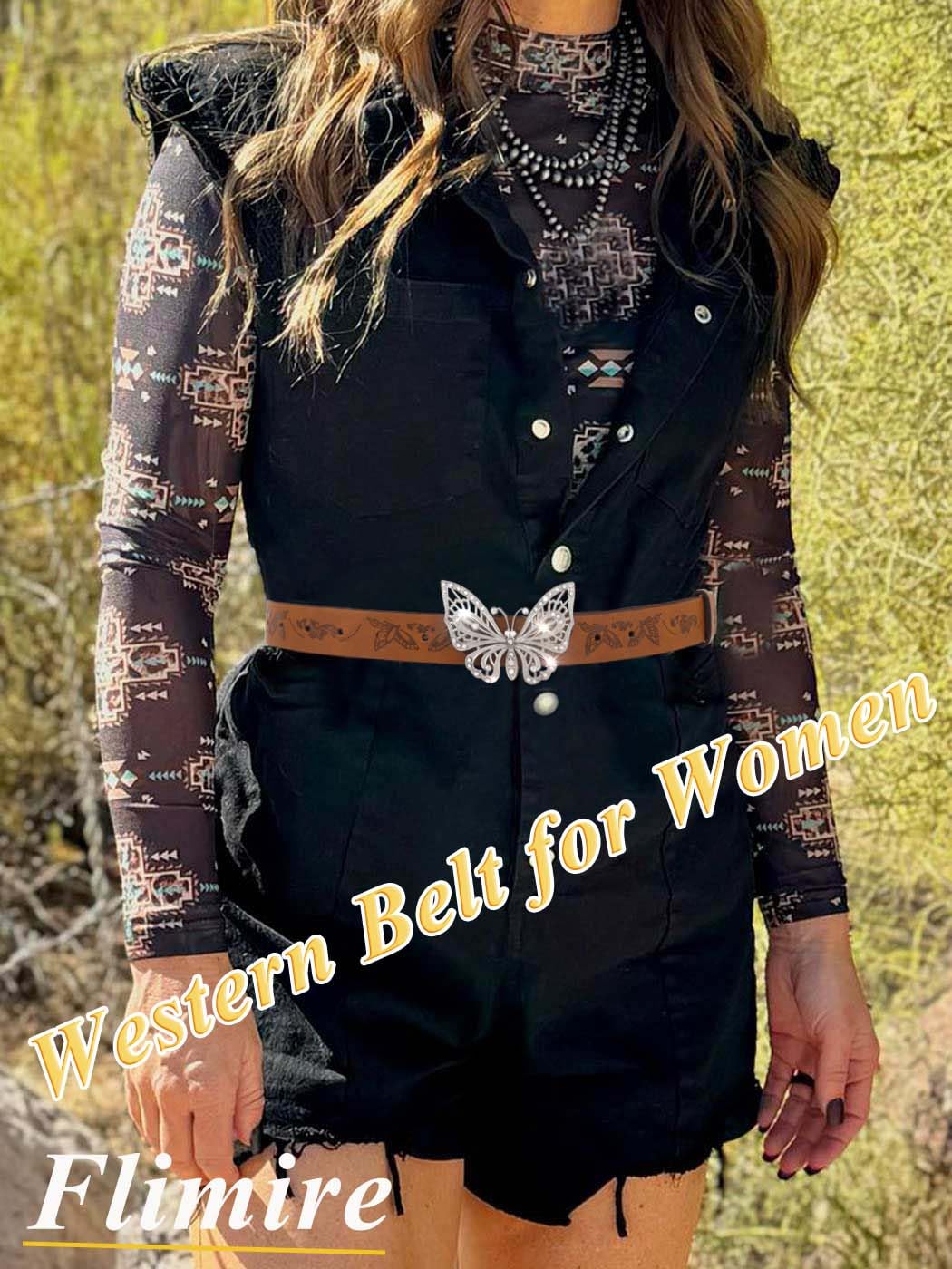 Flimire Western Skinny Leather Belt for Women Brown Country Belt for Jeans Pants Cowgirl Cowboy Belt with Butterfly Buckle (Butterfly)