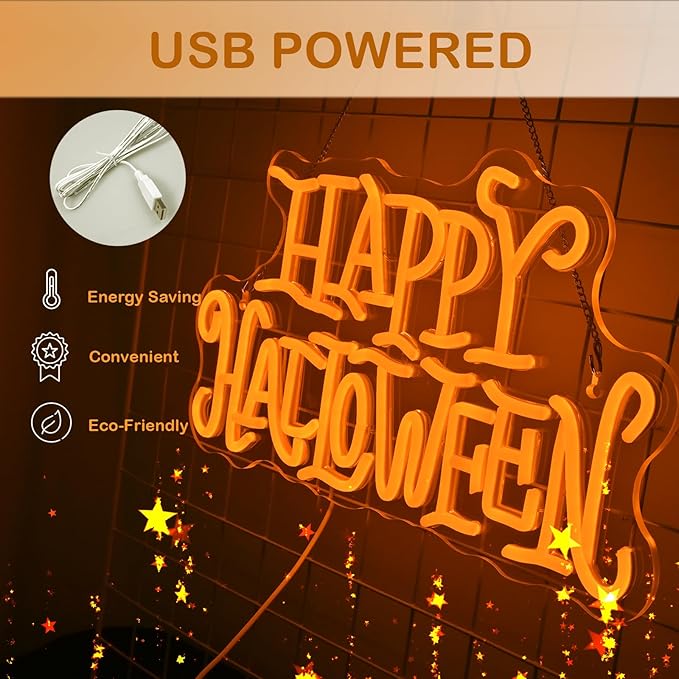 Wanxing Happy Halloween Neon Light Sign Golden Yellow Letter Led Nights for All Hallows' Day Party Wall Decor Art Decorations As a Gift for Children Friends Family 16.5'' * 19.4''