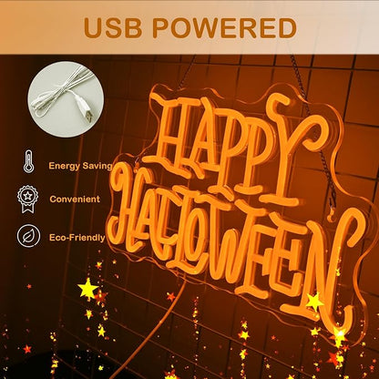 Wanxing Happy Halloween Neon Light Sign Golden Yellow Letter Led Nights for All Hallows' Day Party Wall Decor Art Decorations As a Gift for Children Friends Family 16.5'' * 19.4''