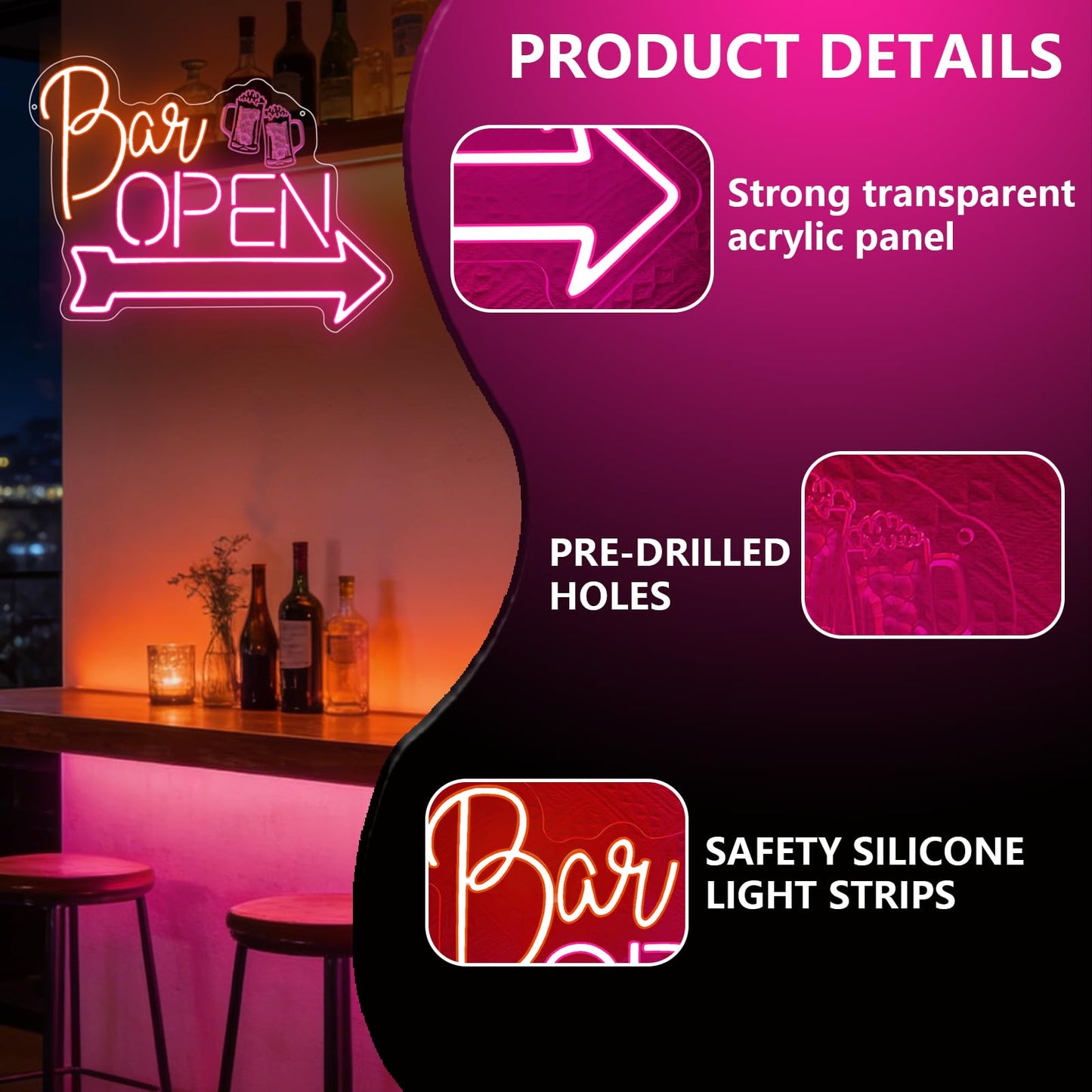 Bar Open Neon Sign,Open Signs for Business Home Beer Bar Man Cave Club Pub Restaurant Stores Hotel Party,Pink Orange Dimmable LED Sign Wall Art Decor Gift for Men Women USB Powered（16.9"*12.6"）