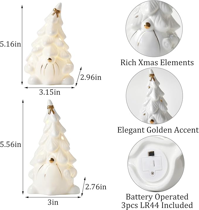 Lighted Christmas Gnome Decoration, 2Pcs White Gnomes Ceramic Christmas Tree with Gold Trims, Small Light Up Gnome Figurines for Prelit Xmas Holiday Table Fireplace Decor