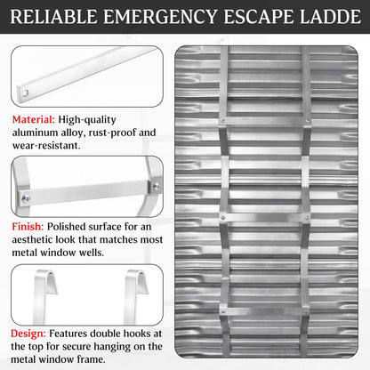 Shimeyao Egress Window Well Ladder 3 Step, Aluminum Basement Escape Ladder 14" W x 50" H with Hook, 300lbs Capacity for Emergency Home Safety