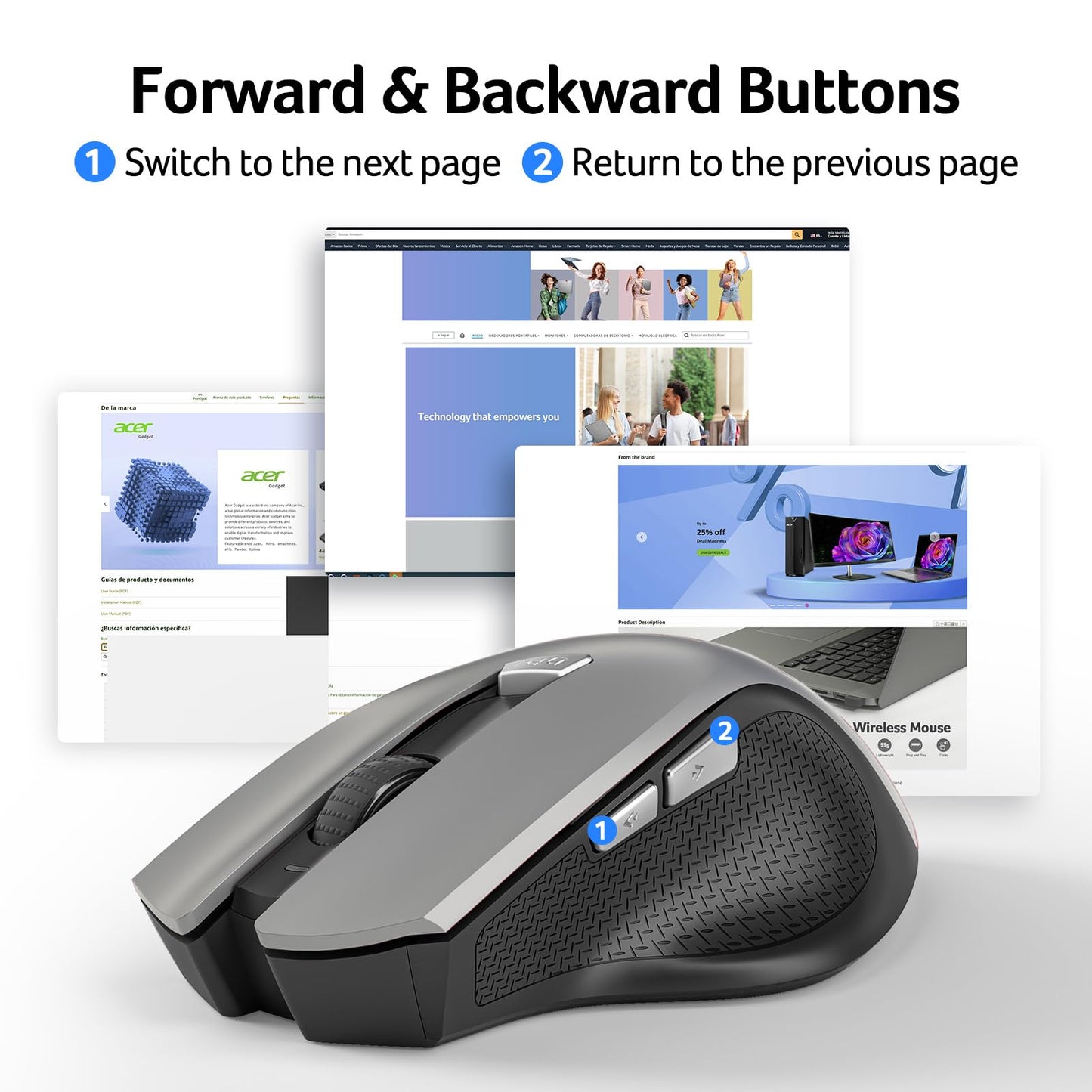 acer Wireless Mouse for Laptop, 2.4GHz Computer Mouse 3 Adjustable DPI Office Cordless USB Mice with USBA Receiver, 6 Buttons, 1600 DPI, Medium to Large Sized Hands Compatible with PC, Laptop, Desktop
