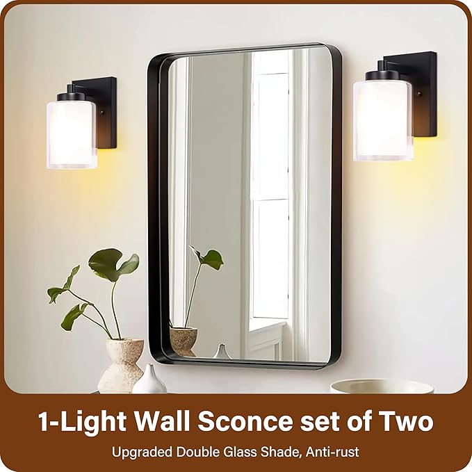 Pia Ricco Wall Sconces Set of Two, Hardwired Bathroom Wall Sconce with Double Glass Shade, Modern Bedside Wall Lamps, Farmhouse Vanity Light Black Wall Lights for Living Room, Bedroom, Hallway