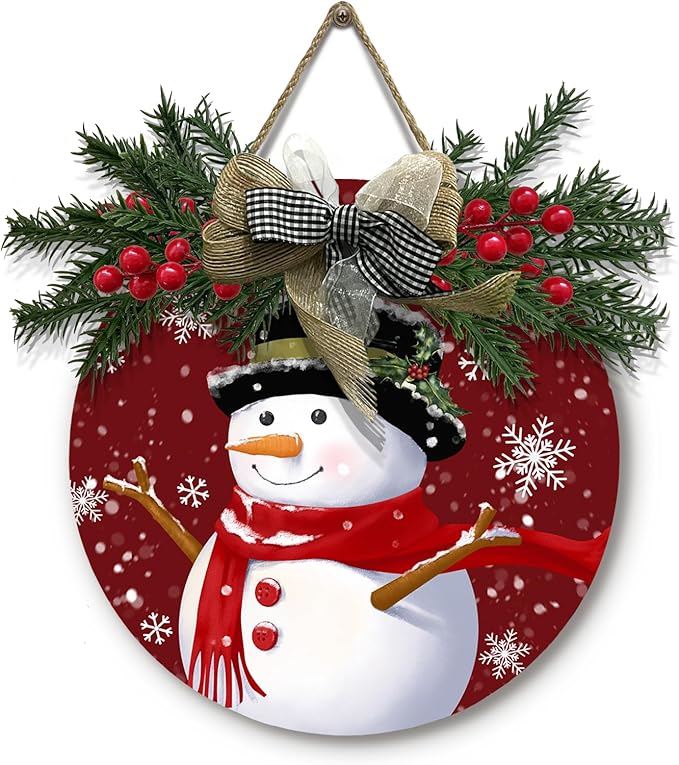 Snowman Door Sign Winter Cardinal Bird Poinsettia Hanging Sign with Wreath and Bow Xmas Snowflake Pines Holly Berry Round Wooden Front Door Sign for Seasonal Farmhouse Decor 12x12 Inch