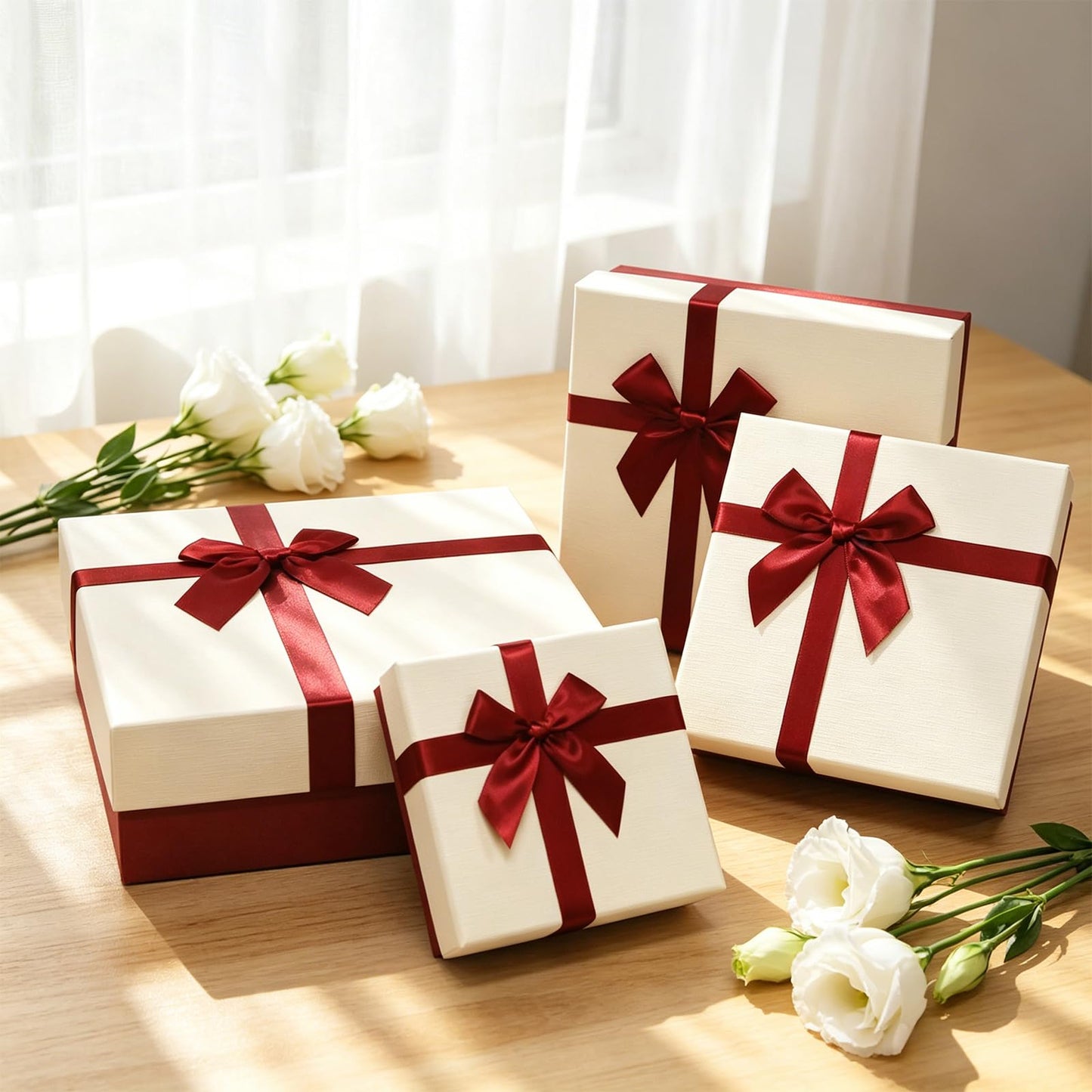 Giftilious Gift Box for Presents – A Set of 4 Elegant Gift Boxes with Lids, Luxury Textured Finish & Satin Ribbon, Ideal Gift Box for Mother's Day, Ready to Gift – No Assembly Required