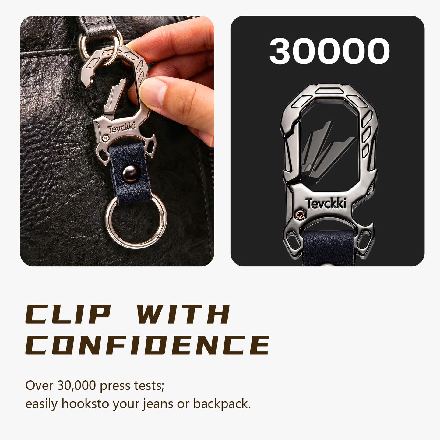 Tevckki Tactical leather keychains Carabiner Car Key Chains Bottle opener .Metal Clip Keychain with Anti-Lost 2 Key Rings Universal for men and women.(Black)